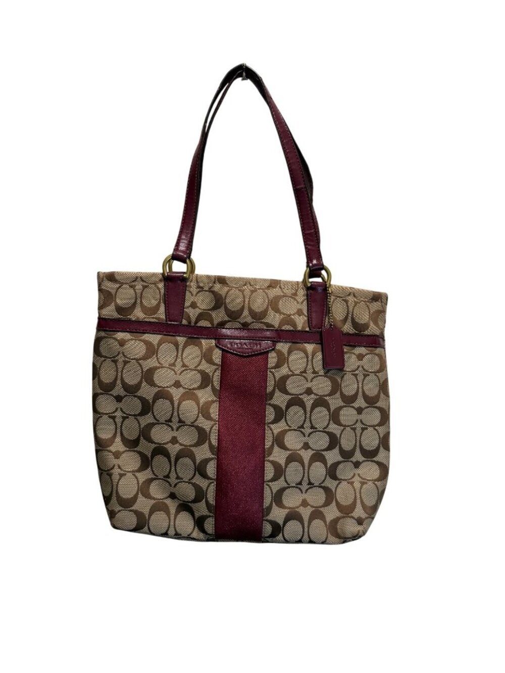 Coach Signature Canvas Tote Bag With Burgundy Leather Trim